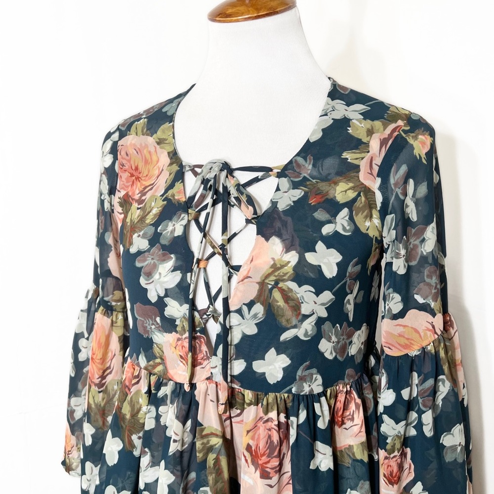 Show Me Your Mumu Teal Floral Tie Neck Bell Sleeve Ruffled Peplum Peasant Blouse - Picture 3 of 9
